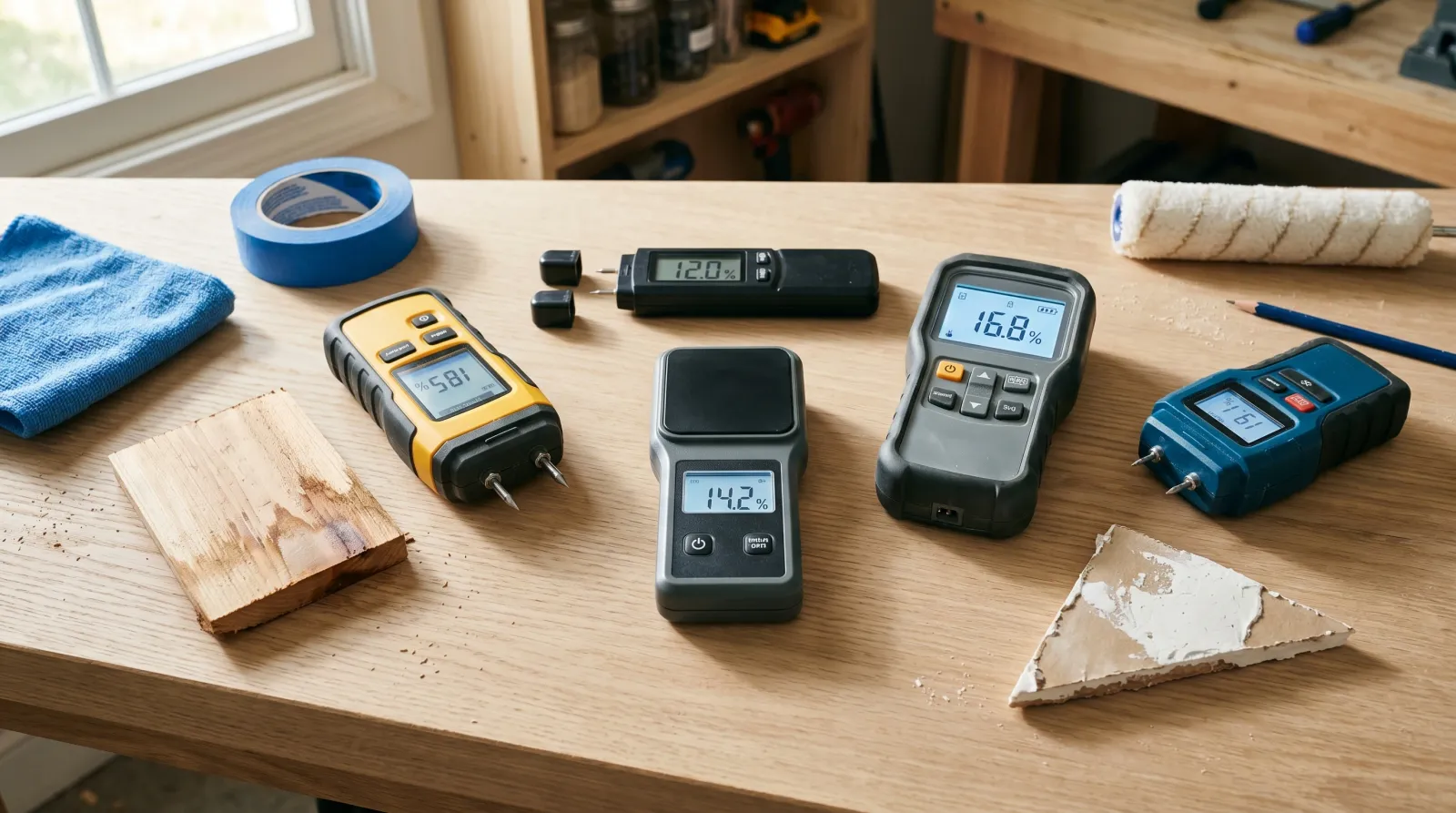 Five moisture meters arranged on a sunlit workshop bench with cedar siding, skim-coated drywall, painter's tape, and a roller cover
