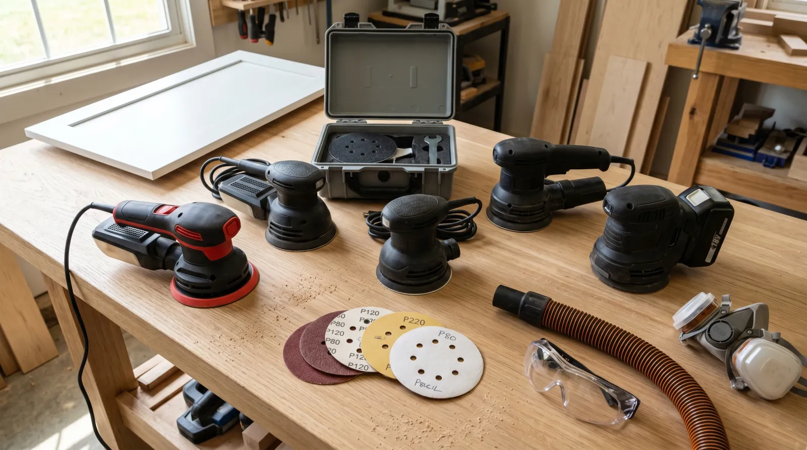 Five random-orbital palm sanders arrayed on a sunlit workshop bench with sanding discs, a vacuum hose, and a primed cabinet door