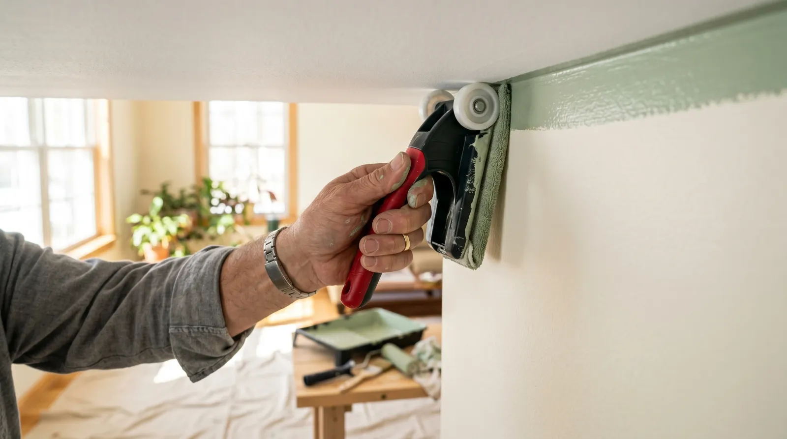 Hand guiding a wheeled paint edger along a crisp wall-to-ceiling line in warm daylight