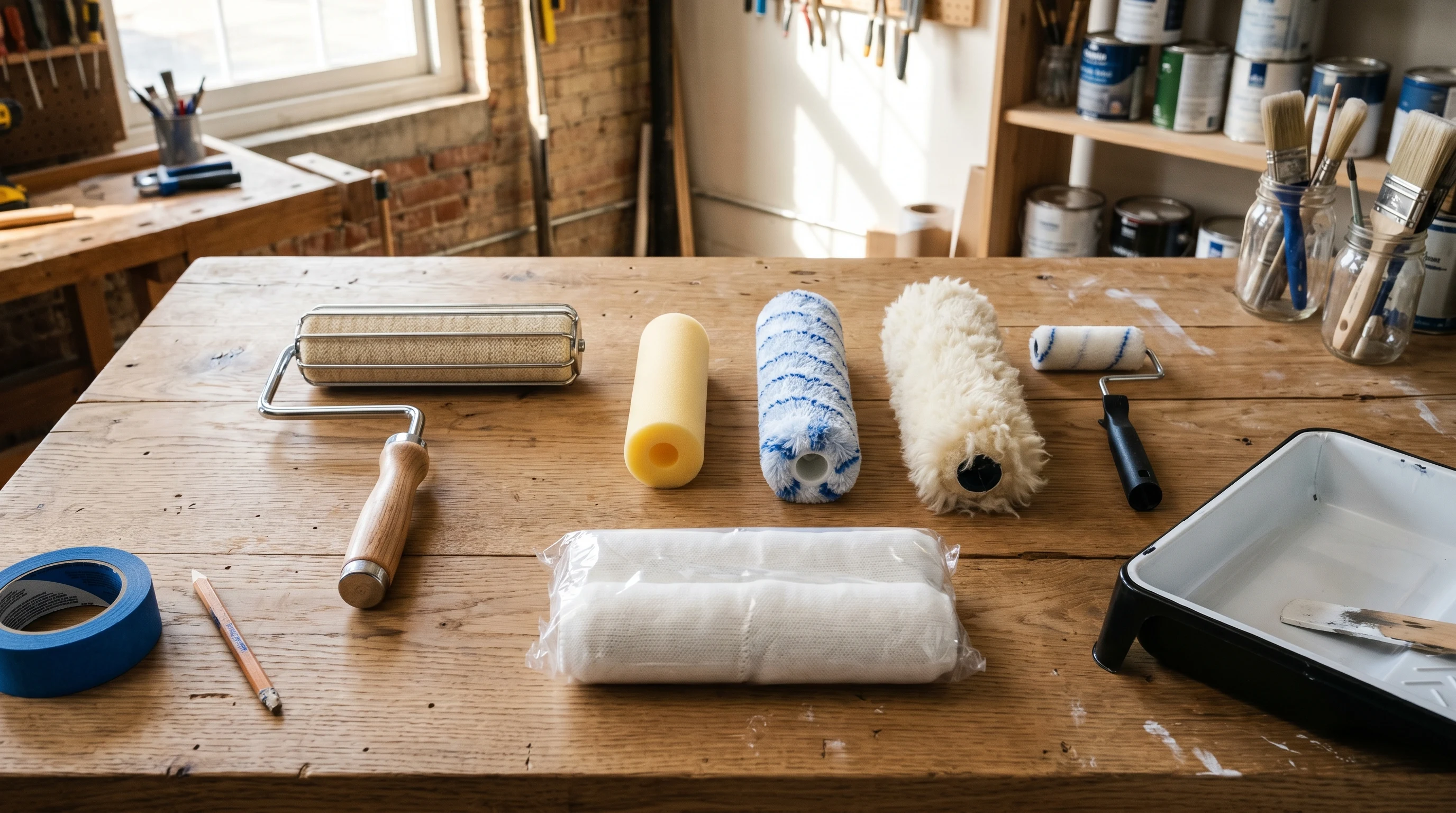 Five paint roller covers and a frame laid out on a sunlit workbench