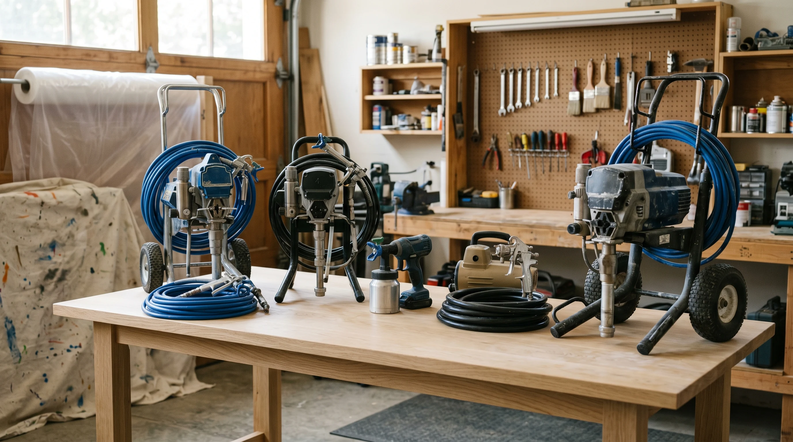 Five paint sprayers laid out on a sunlit workshop bench