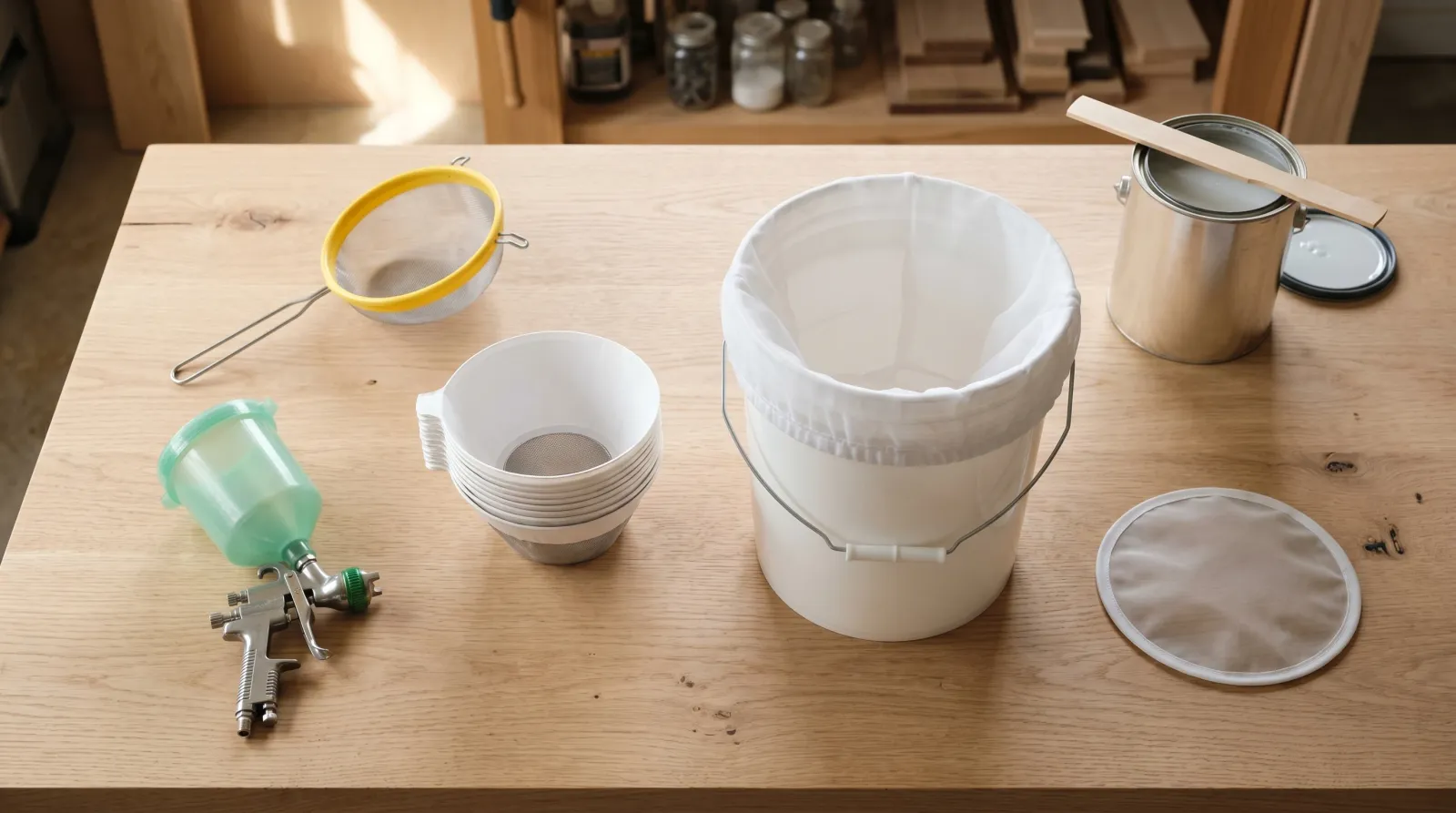Five paint strainers and a 5-gallon bucket laid out on a sunlit workbench