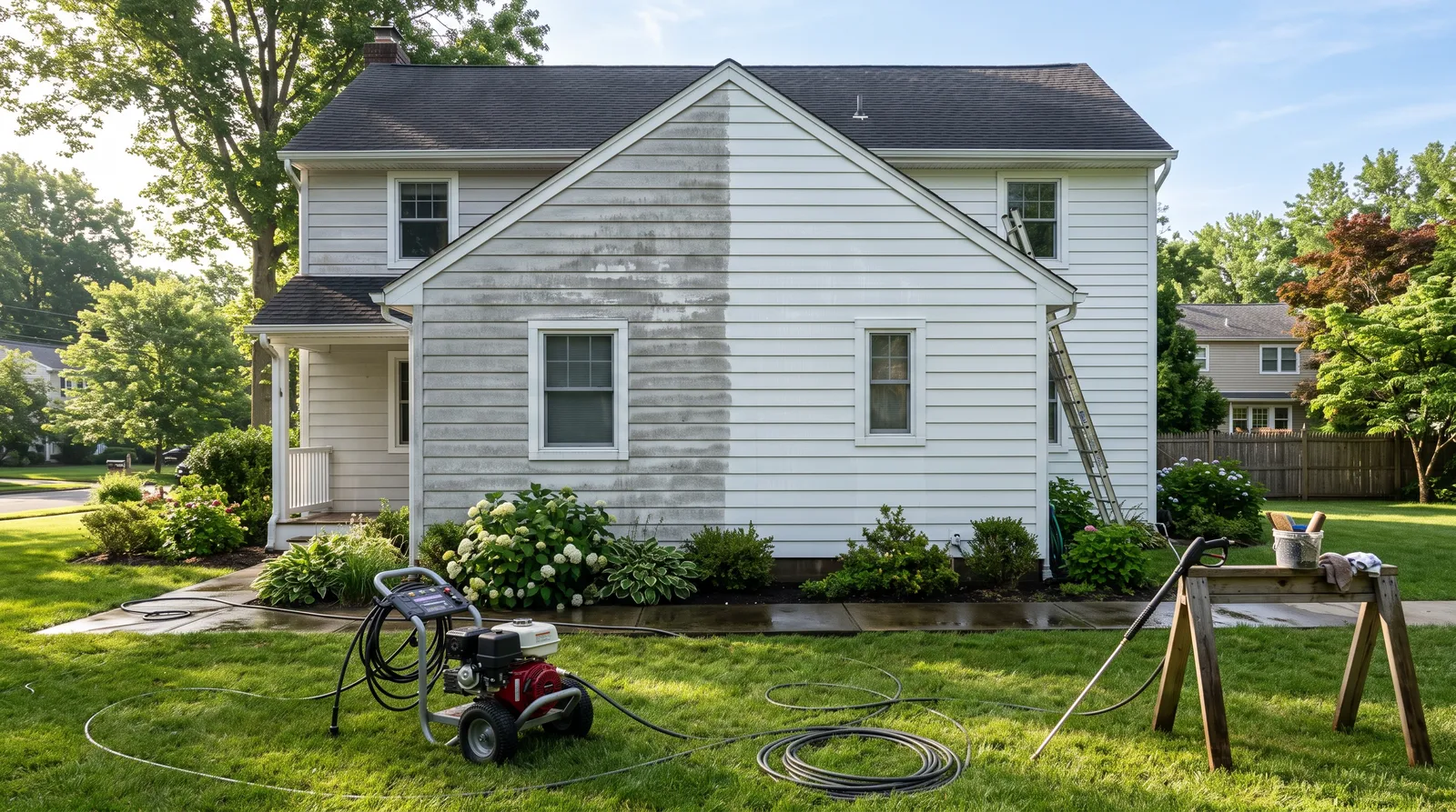 House siding half washed clean and half still chalky, with a pressure washer on the lawn