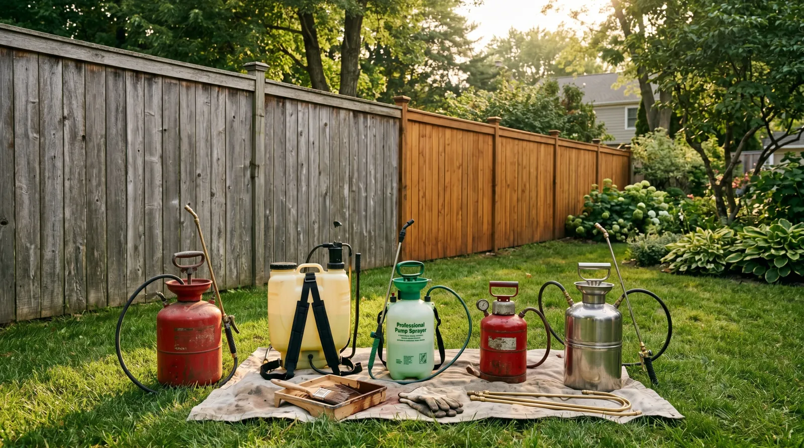 Five hand-pump fence sprayers staged on a drop cloth in front of a half-restained cedar privacy fence in a sunlit backyard