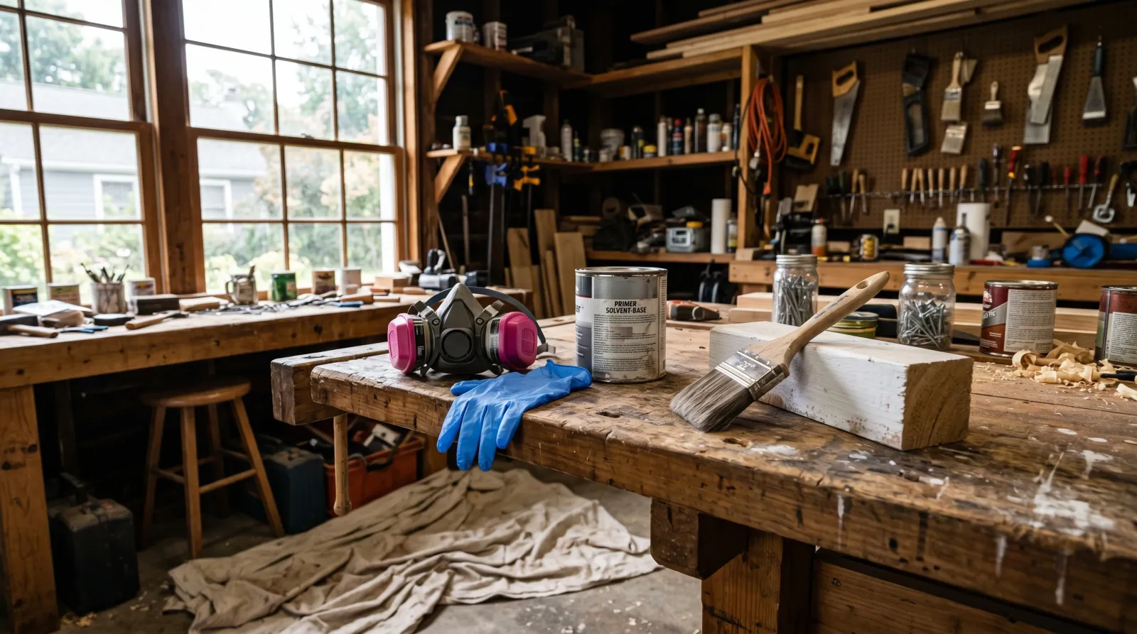 Half-mask painting respirator with twin cartridges on a workshop bench with primer can, brush, and primed cedar offcut in north-facing daylight
