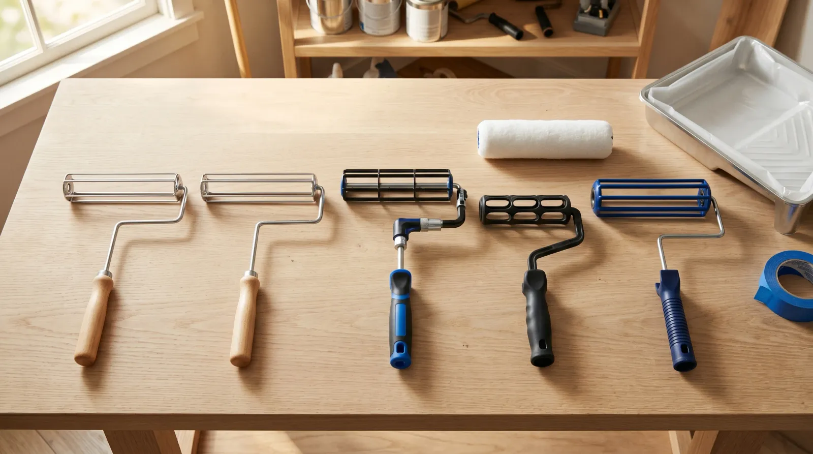 Five paint roller frames laid out on a sunlit workbench beside a cover and tray