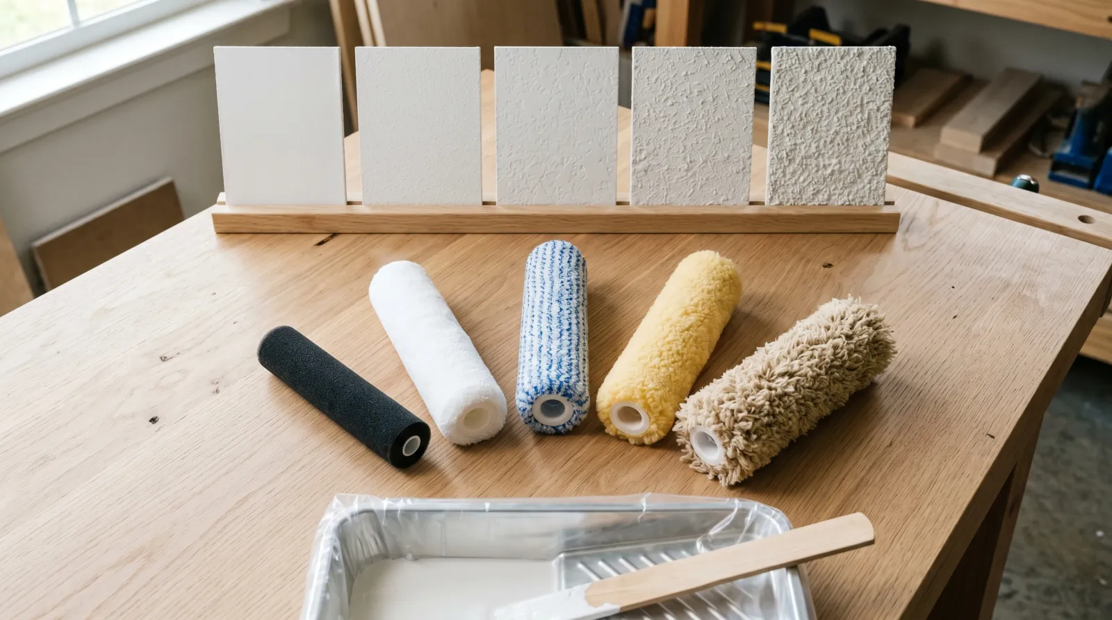 Five paint roller covers of different nap lengths fanned out beside drywall samples of varying texture on a sunlit workbench