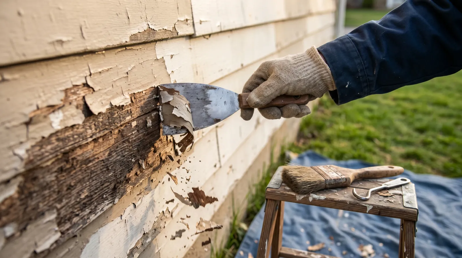 Painter scraping failing white paint off weathered cedar siding with a wide steel scraper in warm afternoon light