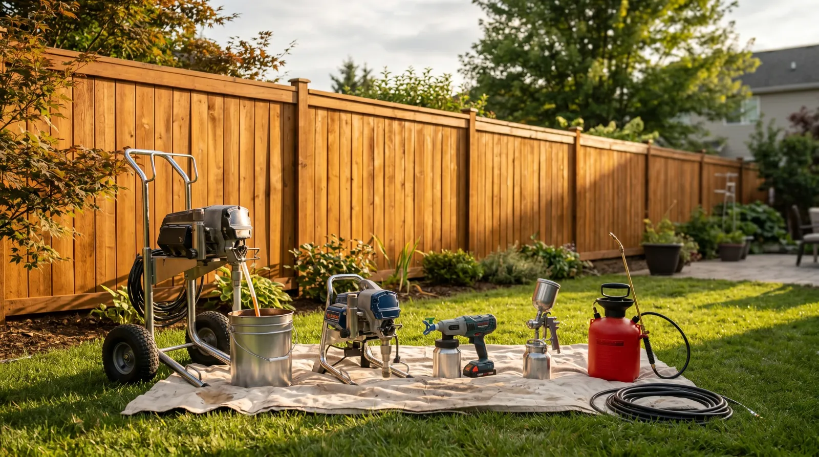 Five fence sprayers staged on a drop cloth in front of a freshly stained cedar privacy fence in a sunlit backyard