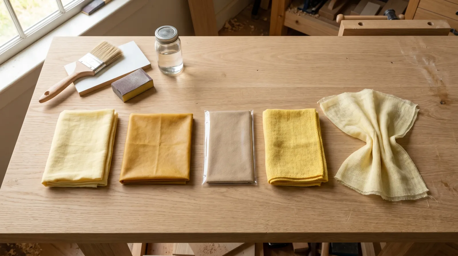 Five folded tack cloths laid out on a sunlit workbench beside a sanding block and primed MDF offcut