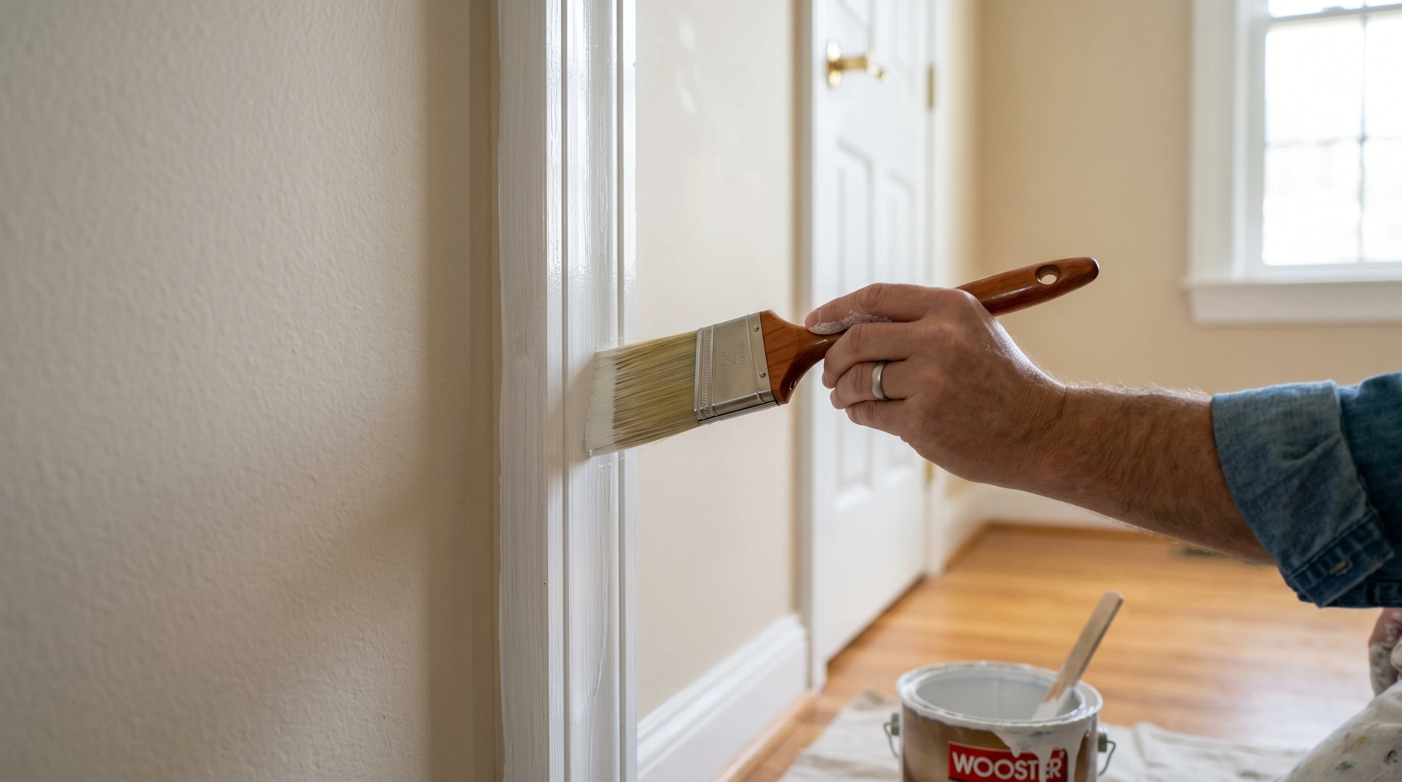 Painter's hand laying a glossy coat of white waterborne enamel on a primed door casing with an angled sash brush in warm daylight