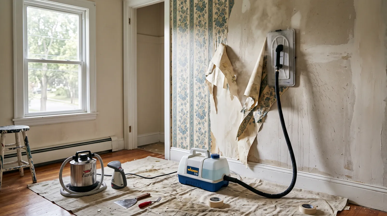 Wallpaper steamer with a large steam plate stripping old paper from a bedroom wall