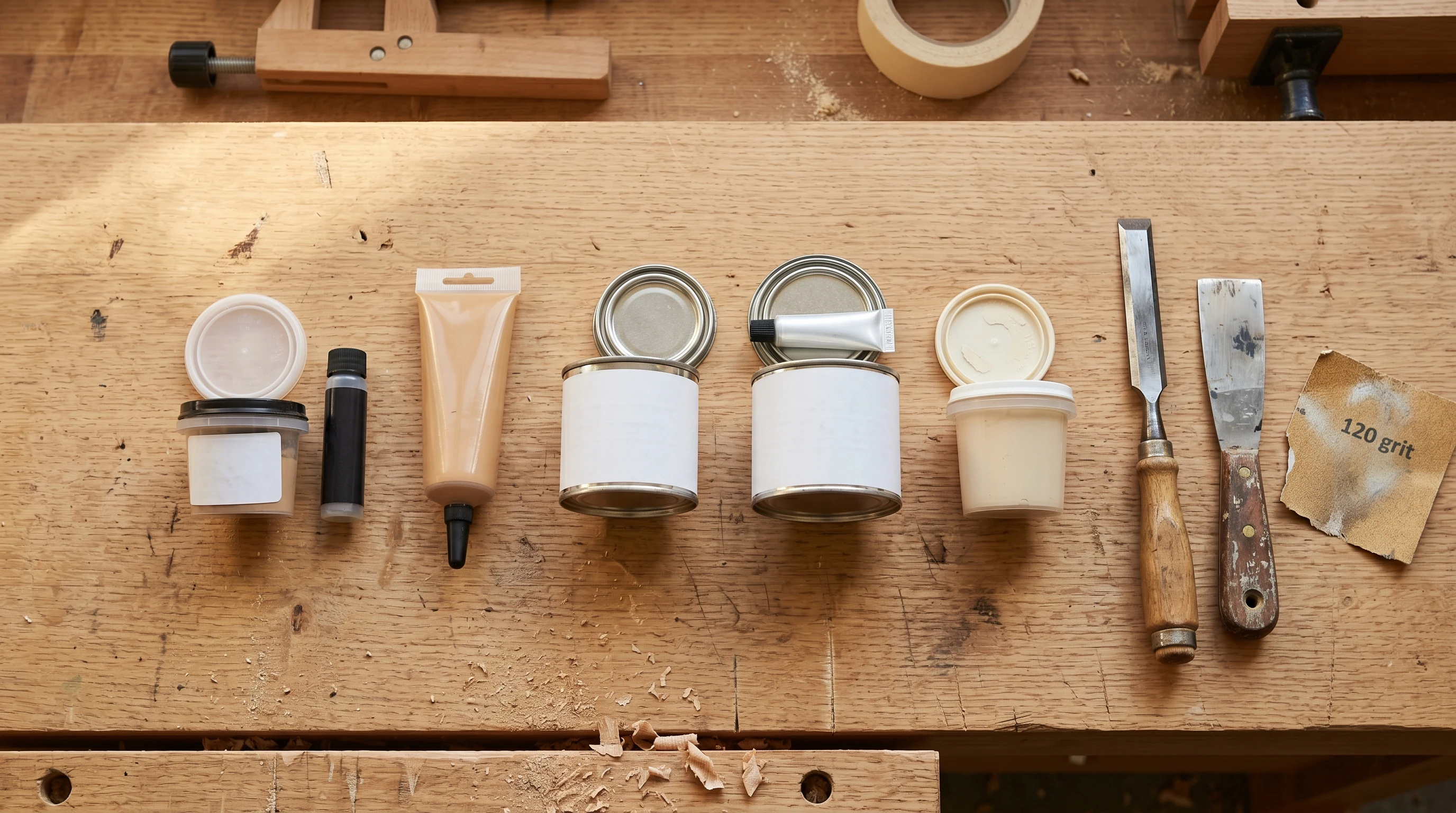 Five wood fillers laid out on a sunlit workbench beside a chisel, putty knife, and 120-grit sandpaper