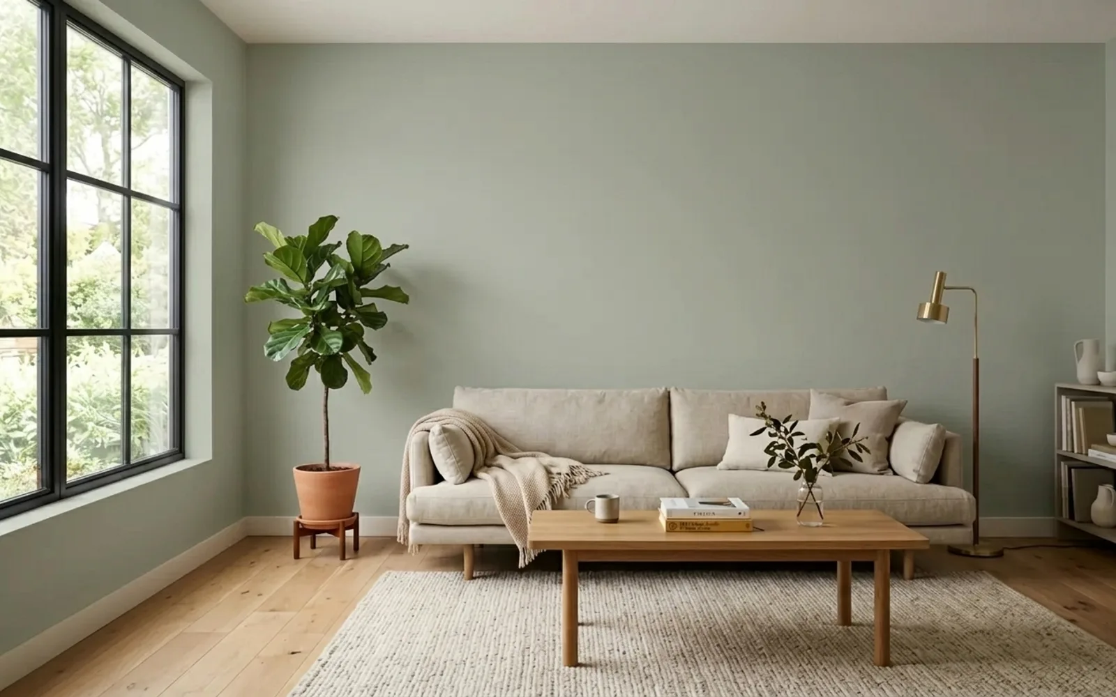 The same living room with the wall painted in Evergreen Fog sage green