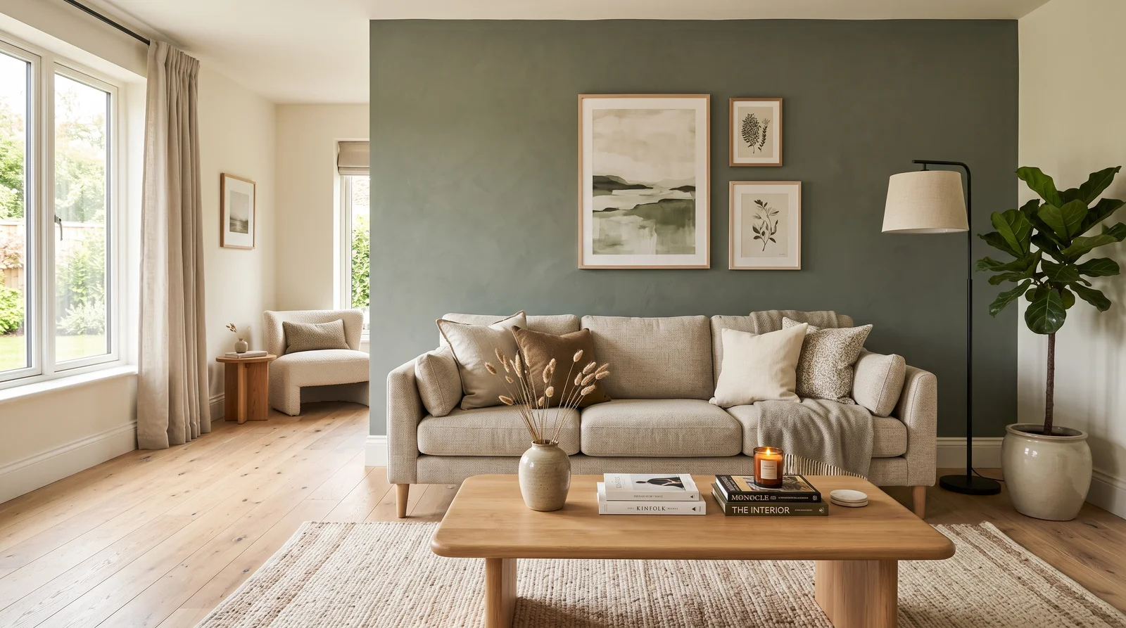 Green Statement Sofa Wall — accent wall painted in Pewter Green