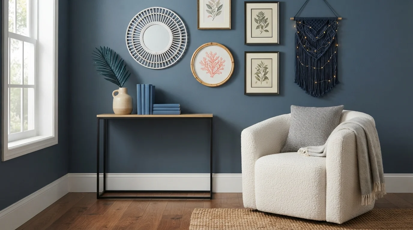 Coastal Slate Haven — blue accent wall painted in Veranda Blue