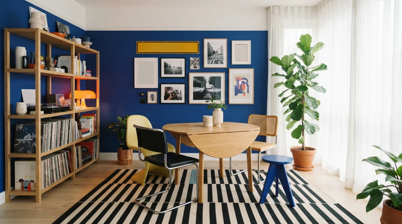 Cobalt Blue Eclectic — blue accent wall painted in Daring Indigo