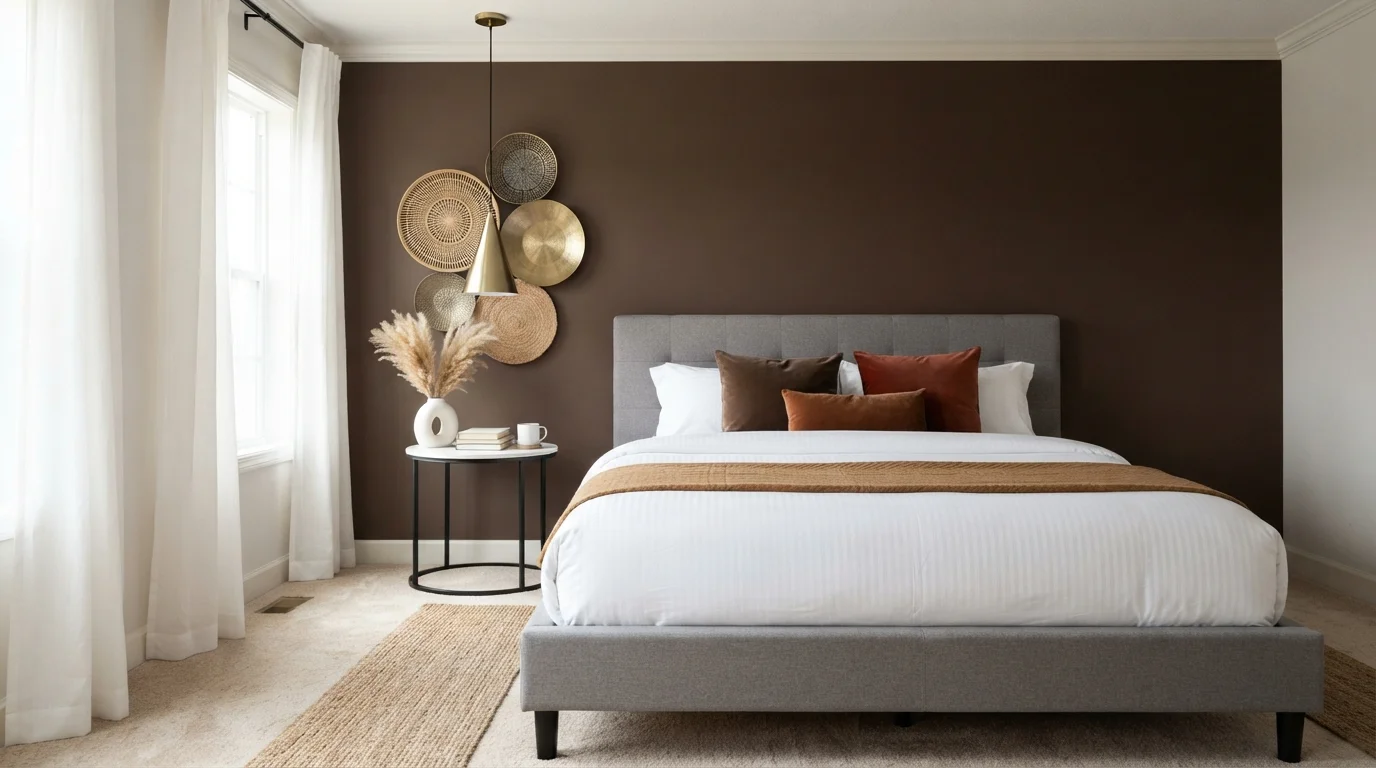 Mocha Velvet Sanctuary — brown accent wall painted in Traditional Leather