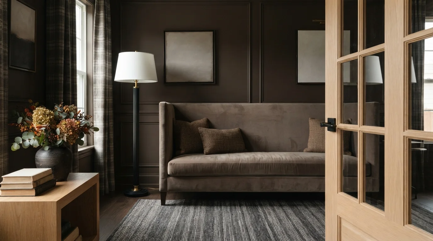Moody Espresso Lounge — brown accent wall painted in Appalachian Brown