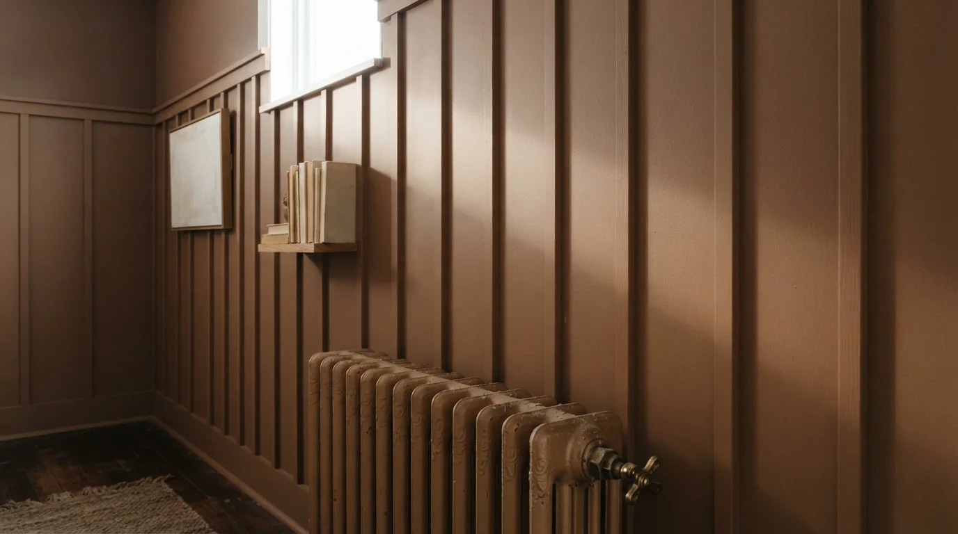 Velvet Cocoa Paneling — brown accent wall painted in Tampico Brown