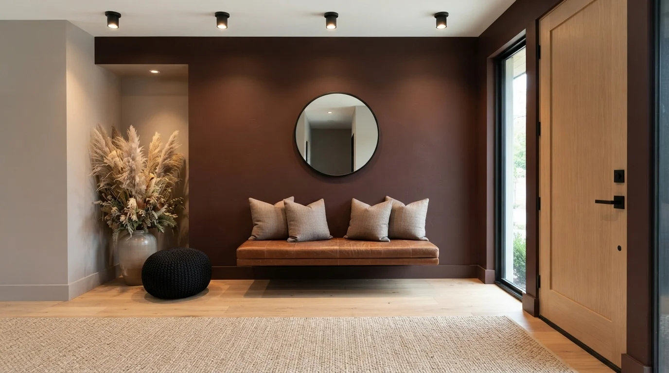 Rich Espresso Minimalist Entry — brown accent wall painted in Polished Mahogany
