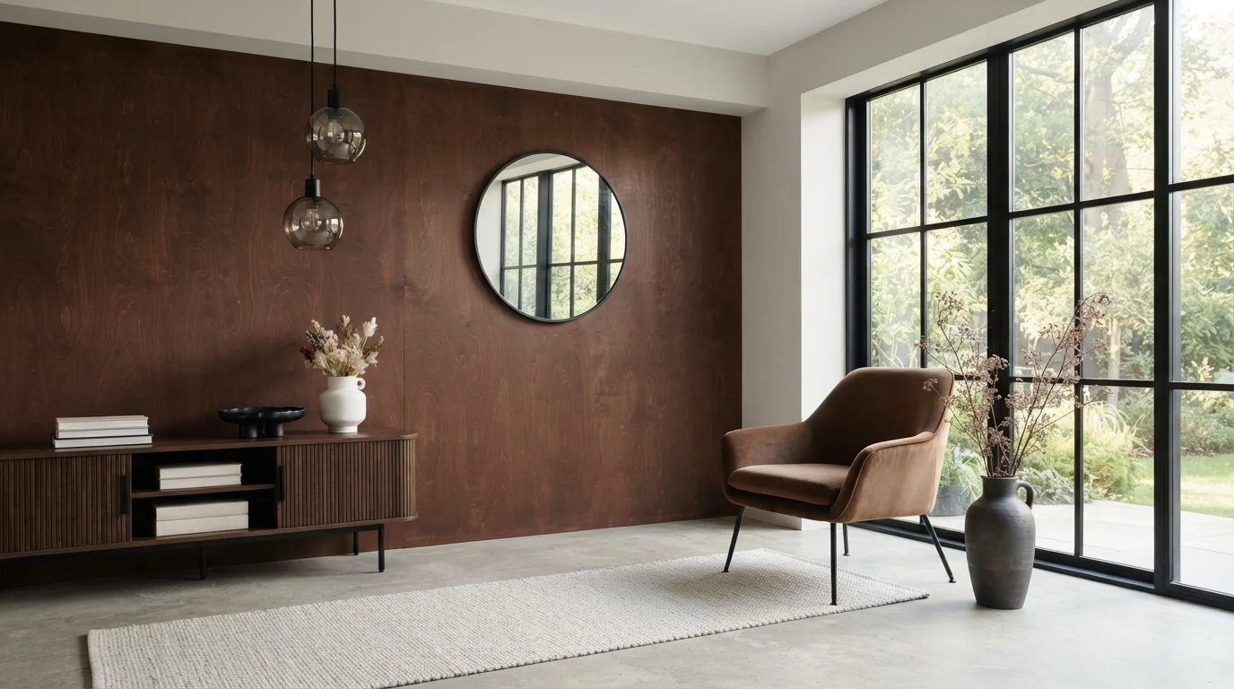Warm Mahogany Lounge — brown accent wall painted in Bramble Bush