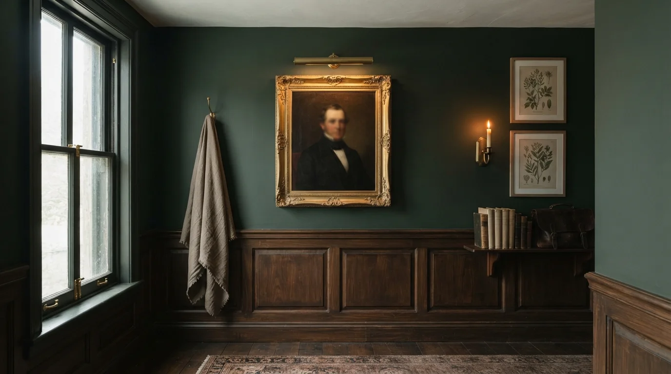 Moody Heritage Green — green accent wall painted in Roycroft Bottle Green