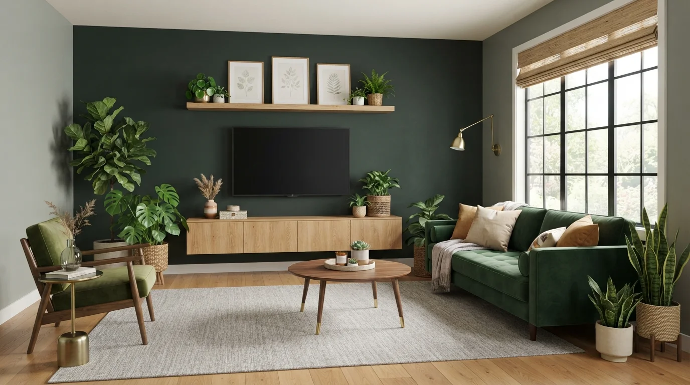 Botanical Forest Lounge — green accent wall painted in Essex Green