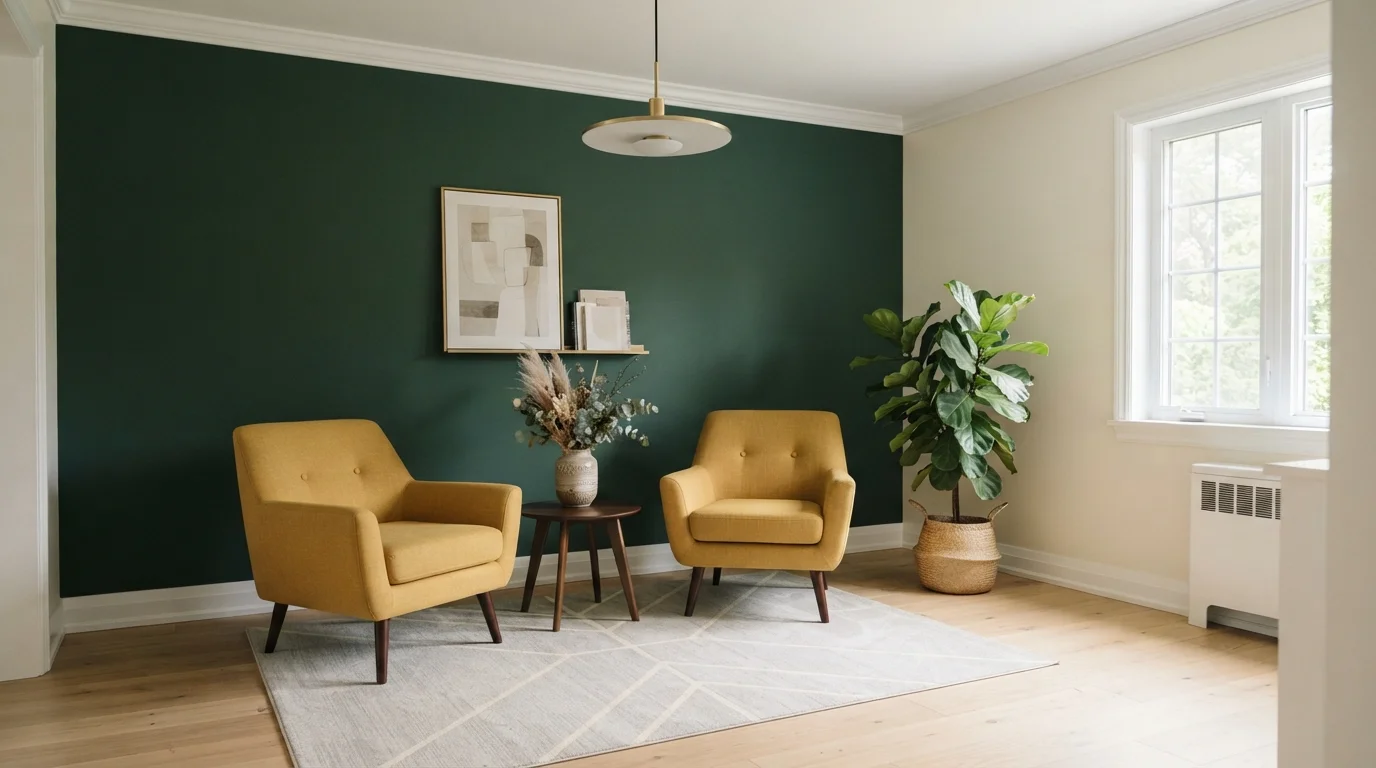 Forest and Mustard — green accent wall painted in Hunt Club
