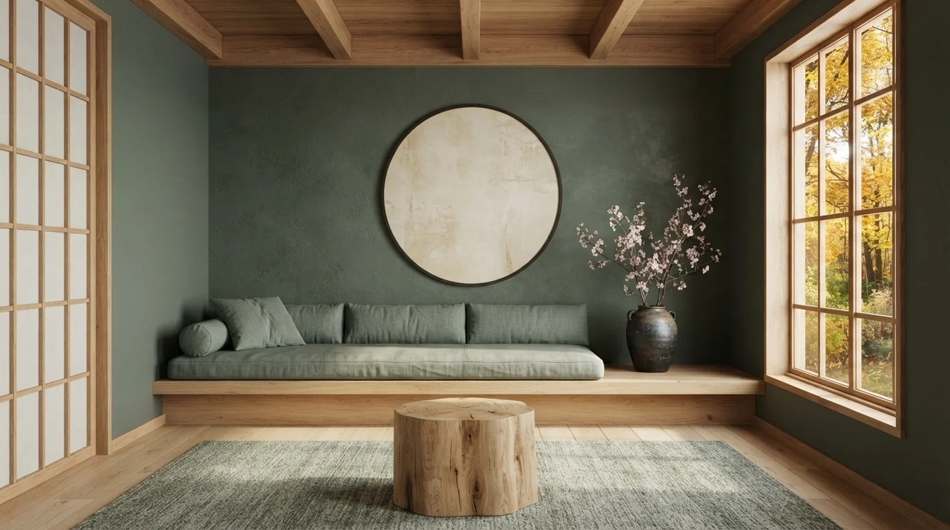 Earthy Japanese Serenity — green accent wall painted in Holiday Wreath