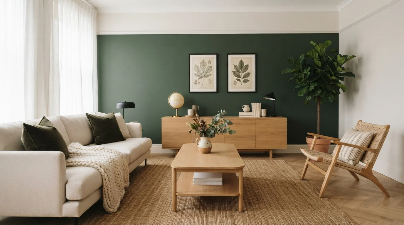 Earthy Forest Sanctuary — green accent wall painted in Dard Hunter Green