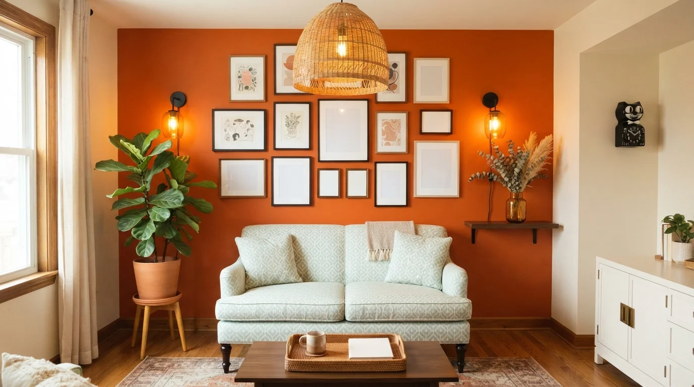 Boho Sunset Nook — orange accent wall painted in Obstinate Orange