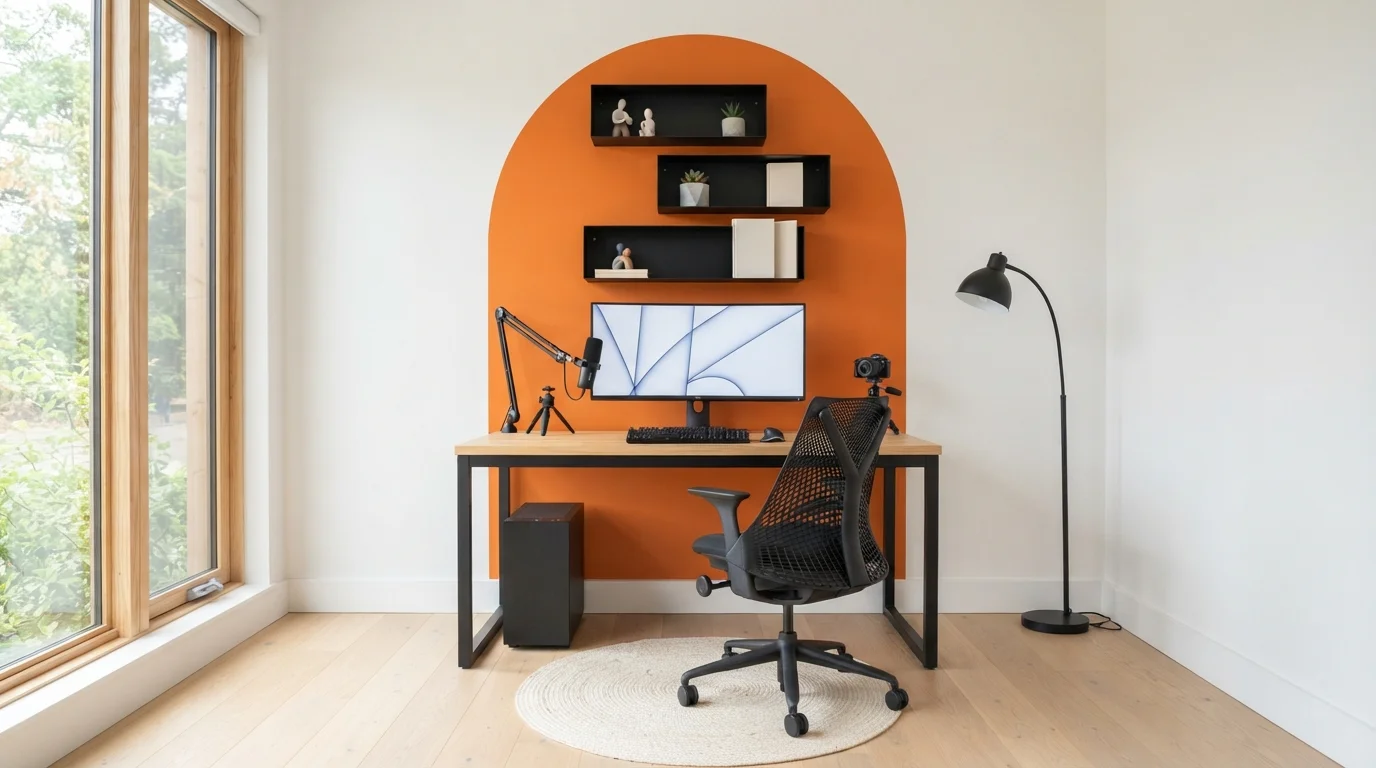 Tangerine Geometric Nook — orange accent wall painted in Island Orange