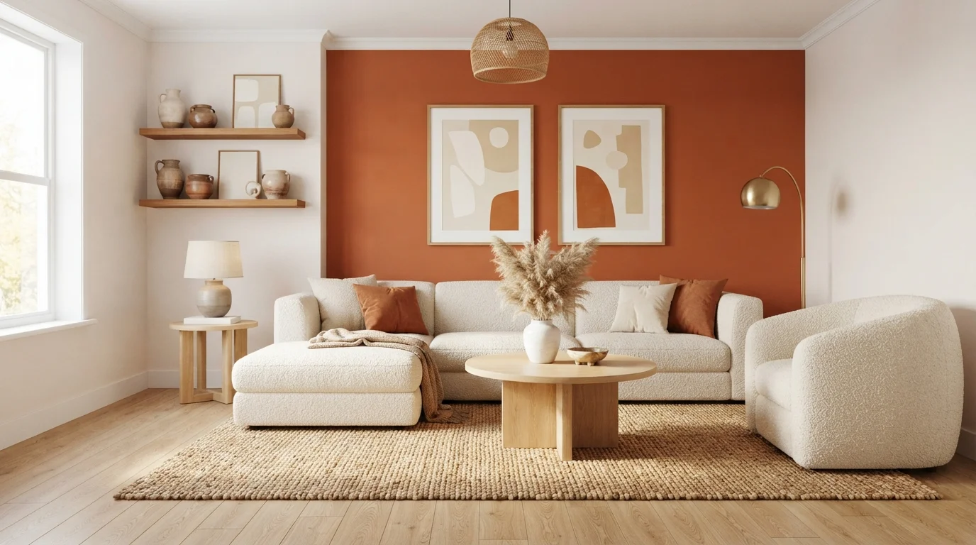 Terracotta & Bouclé Lounge — orange accent wall painted in Campfire