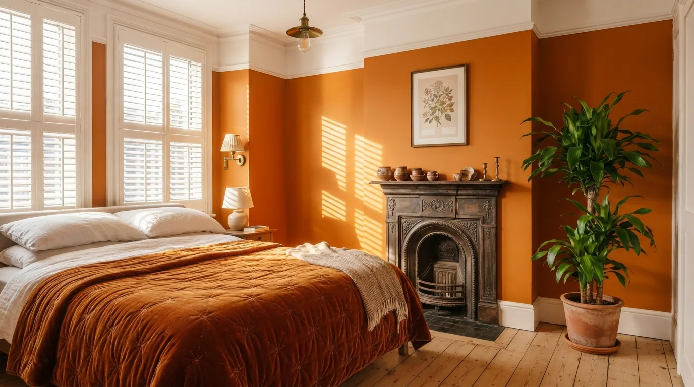 Sunlit Terracotta Bedroom — orange accent wall painted in Tiger Stripe