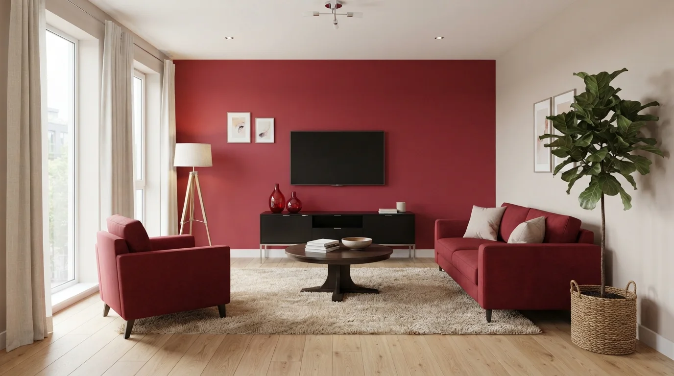Crimson Statement Living Room — red accent wall painted in Geranium