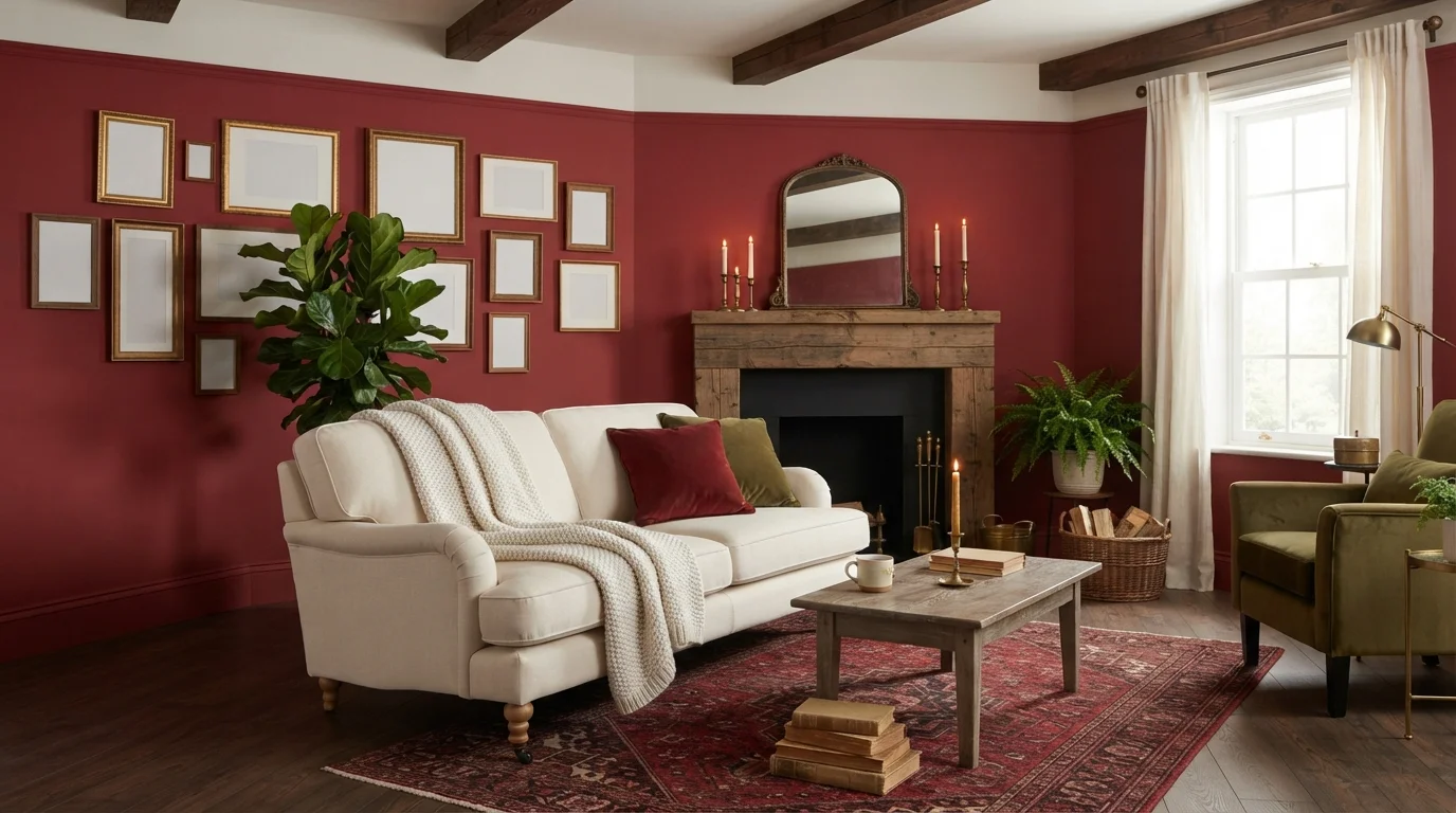 Warm Crimson Cottage — red accent wall painted in Romantic Night