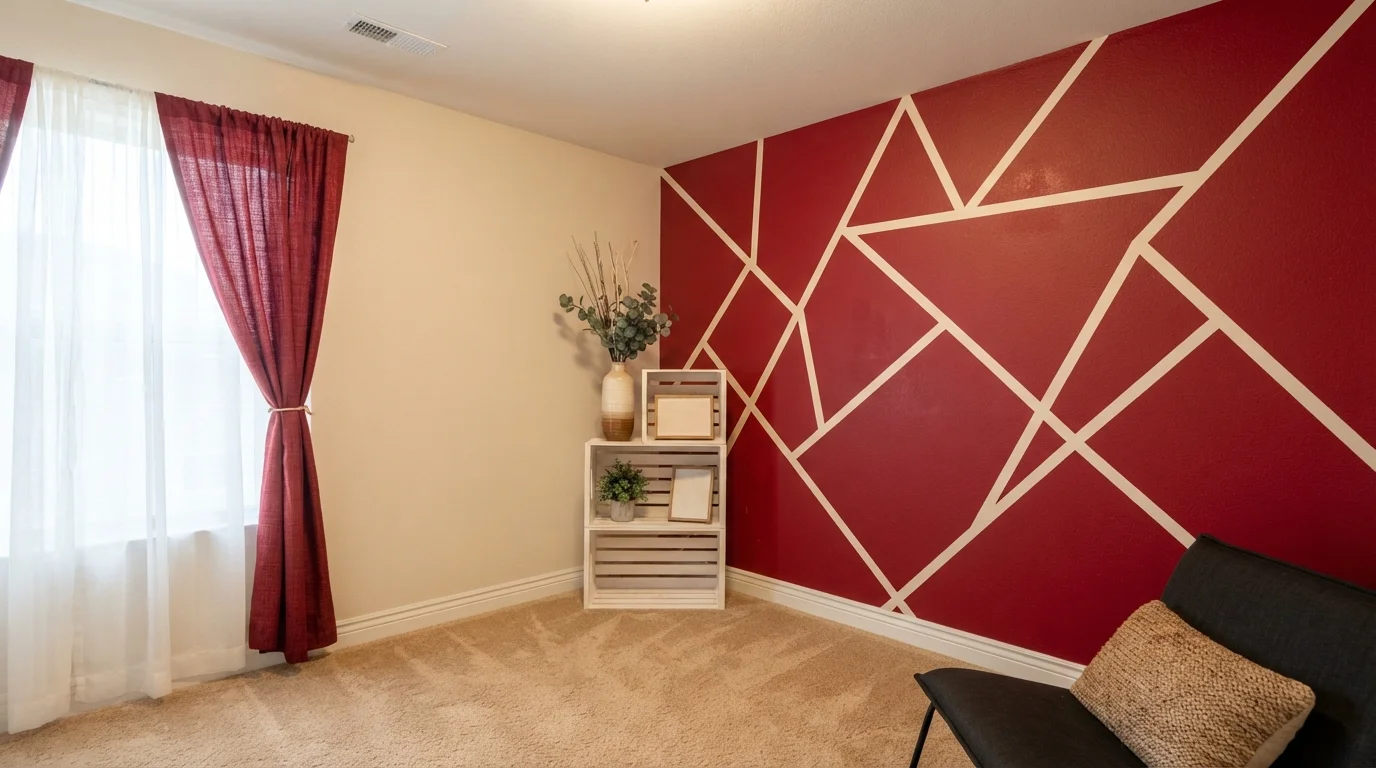 Geometric Crimson Accent — red accent wall painted in California Poppy