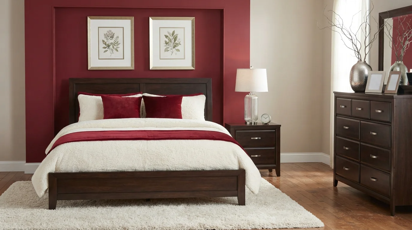 Burgundy Velvet Sanctuary — red accent wall painted in Jazzy Red