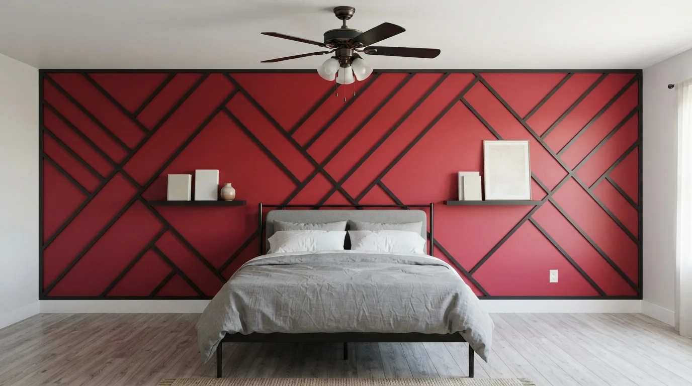 Bold Crimson Geometric — red accent wall painted in Stiletto Love