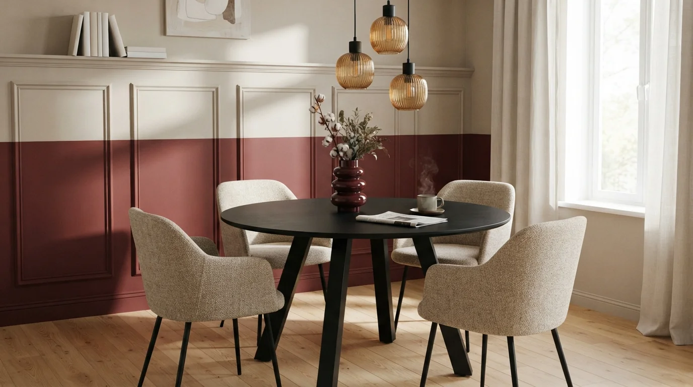Burgundy and Warm Linen — red accent wall painted in Create