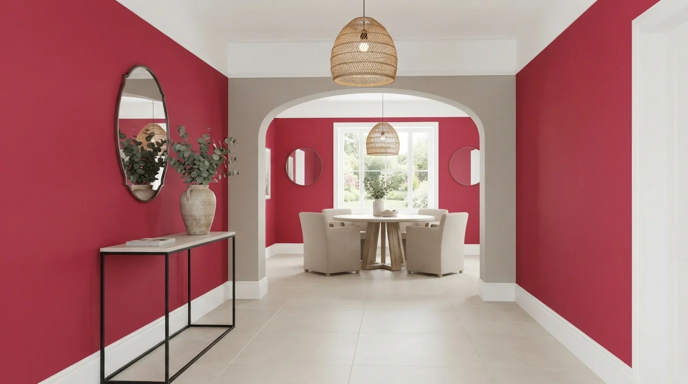 Bold Raspberry Statement — red accent wall painted in Intrigue