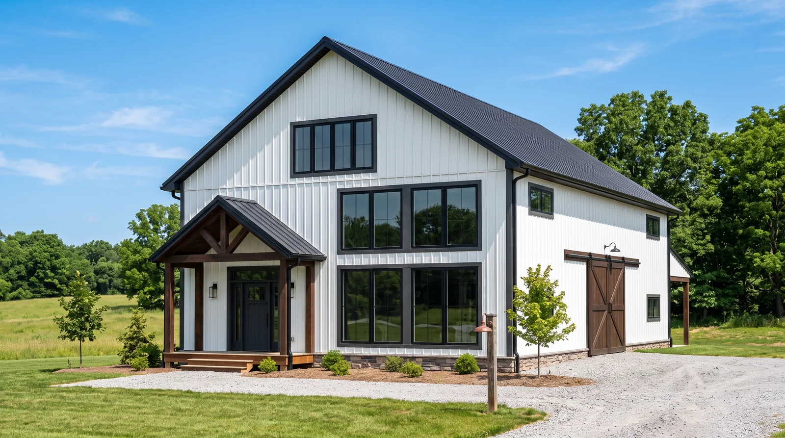 Bright White Modern Barn — barndominium exterior painted in Chantilly Lace
