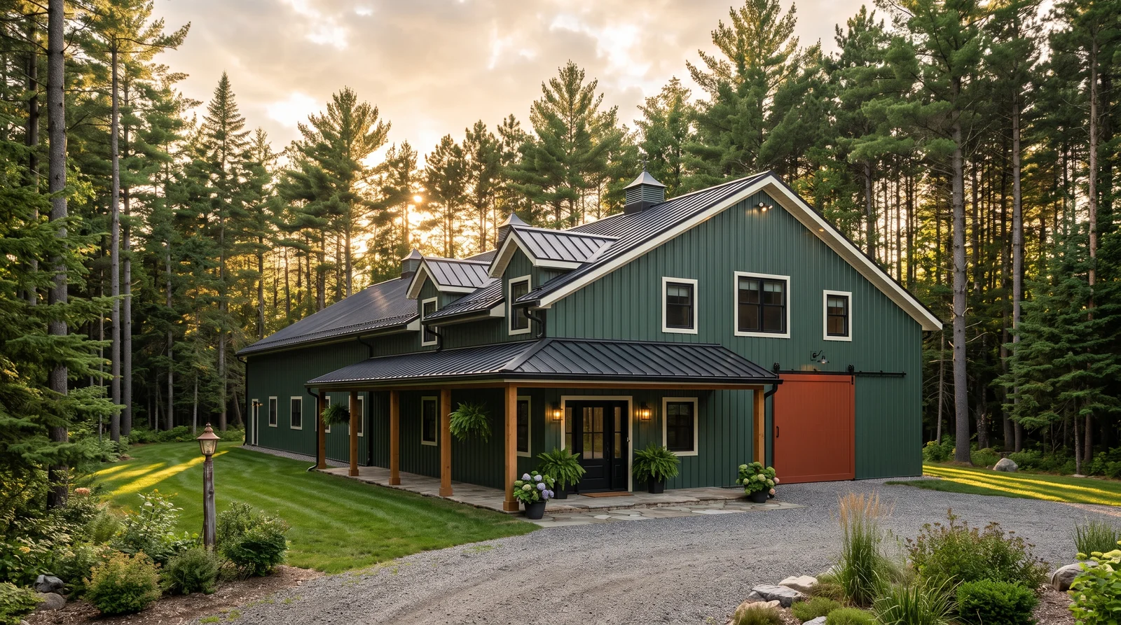 Deep Forest Green Barndo — barndominium exterior painted in Night Watch