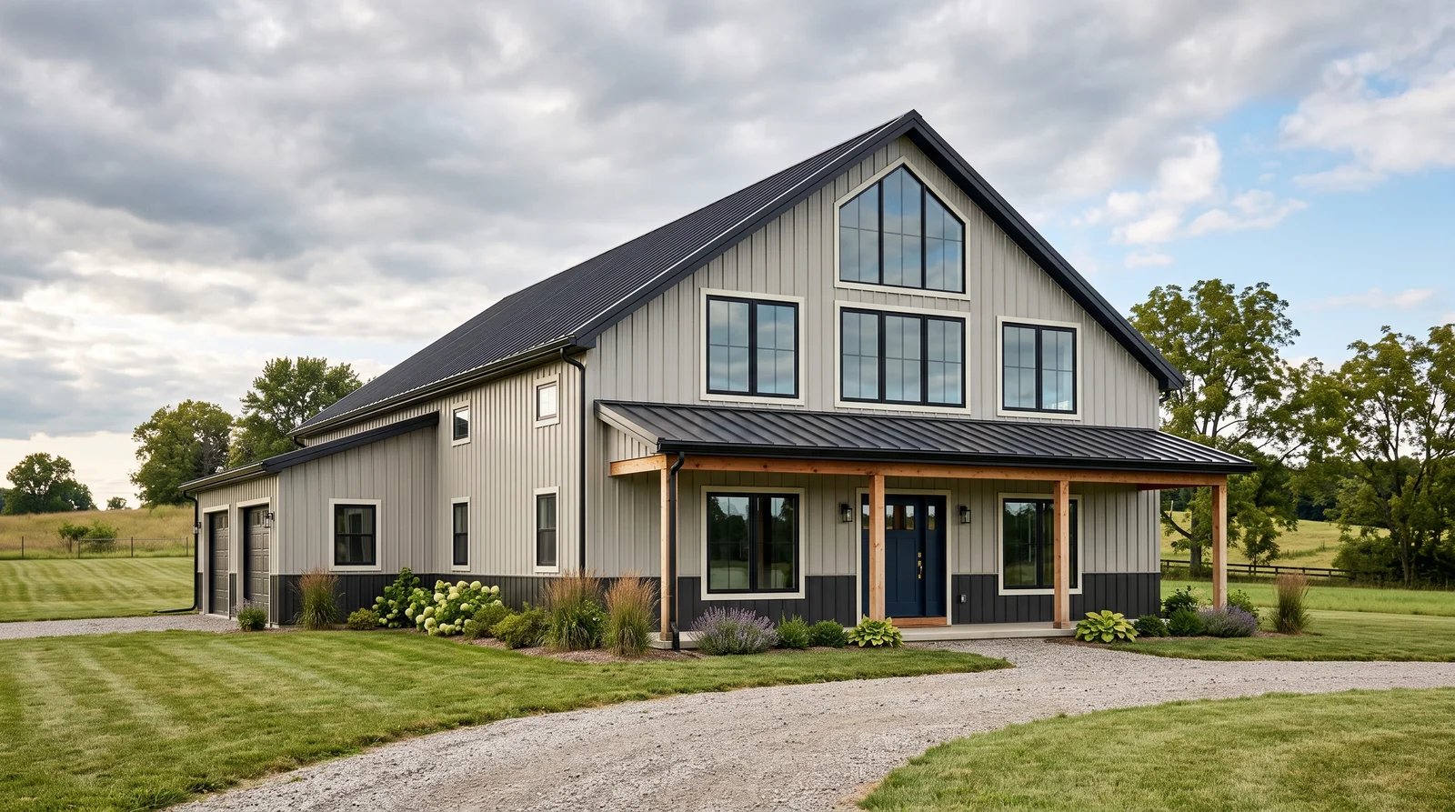 Gray Two-Tone With Charcoal Wainscot — barndominium exterior painted in Repose Gray