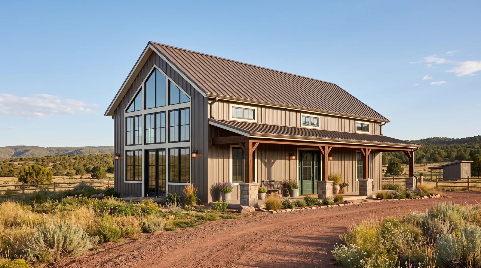 Earthy Bronze And Cream — barndominium exterior painted in Urbane Bronze