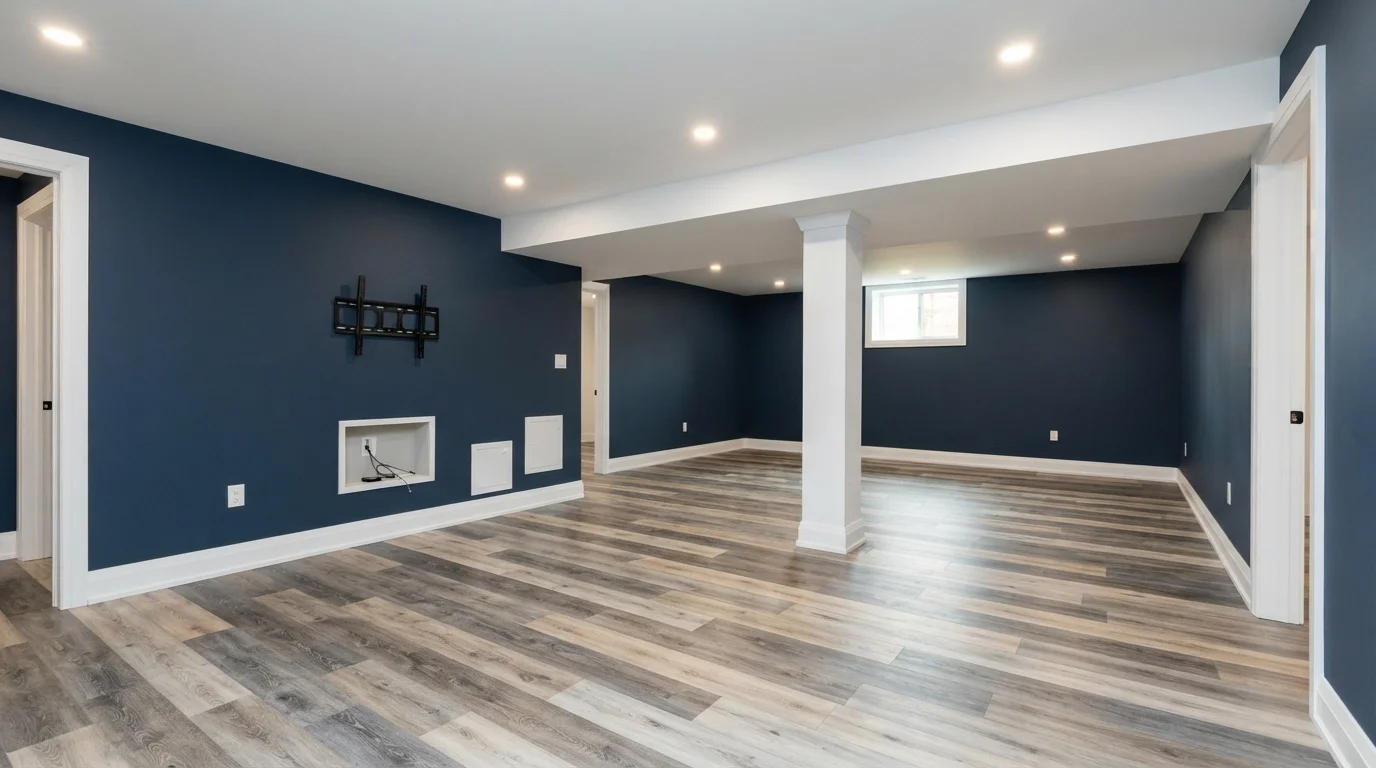 Navy Lower Level — blue basement painted in Midnight Dream