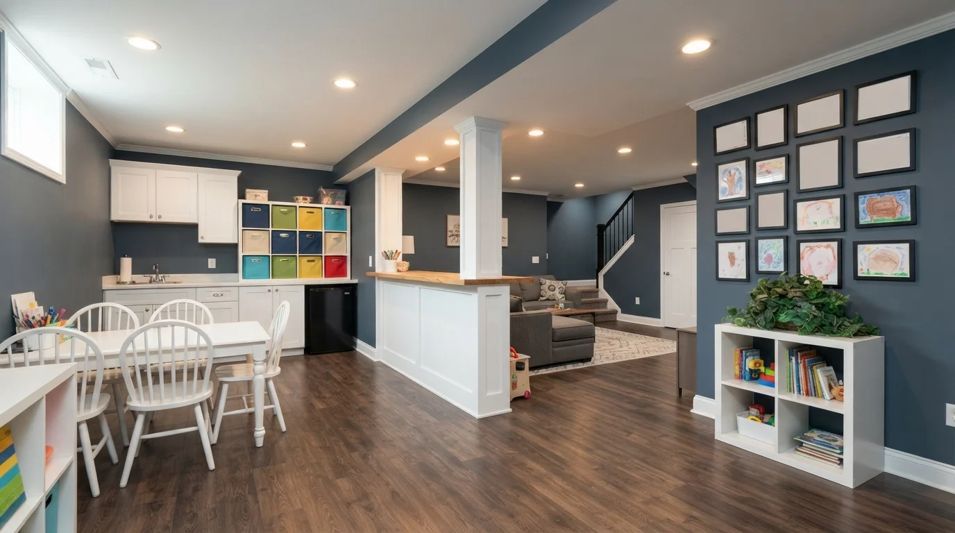 Moody Slate Basement — blue basement painted in Midnight Haze