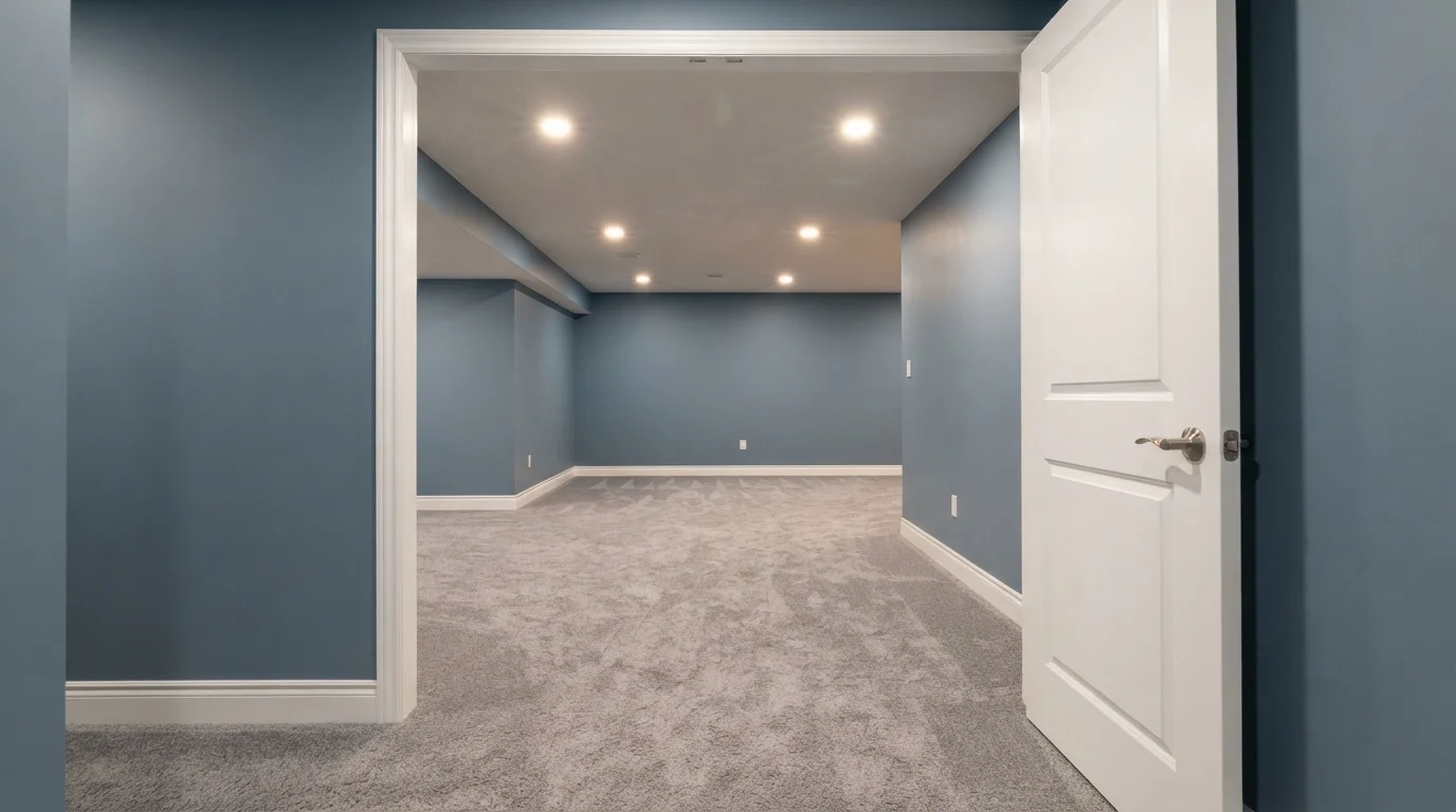 Slate Blue Retreat — blue basement painted in Veranda Blue