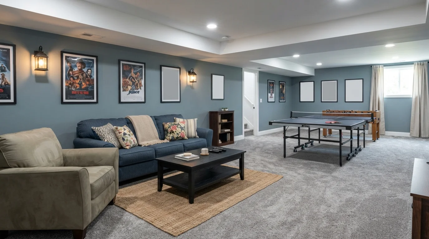 Slate Blue Game Lounge — blue basement painted in Alfresco